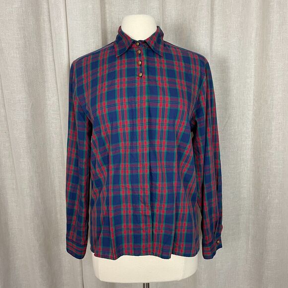 Vintage Blouse Womens Size 10 Red Blue Plaid Tartan Long Sleeve Henley Button - Picture 14 of 14